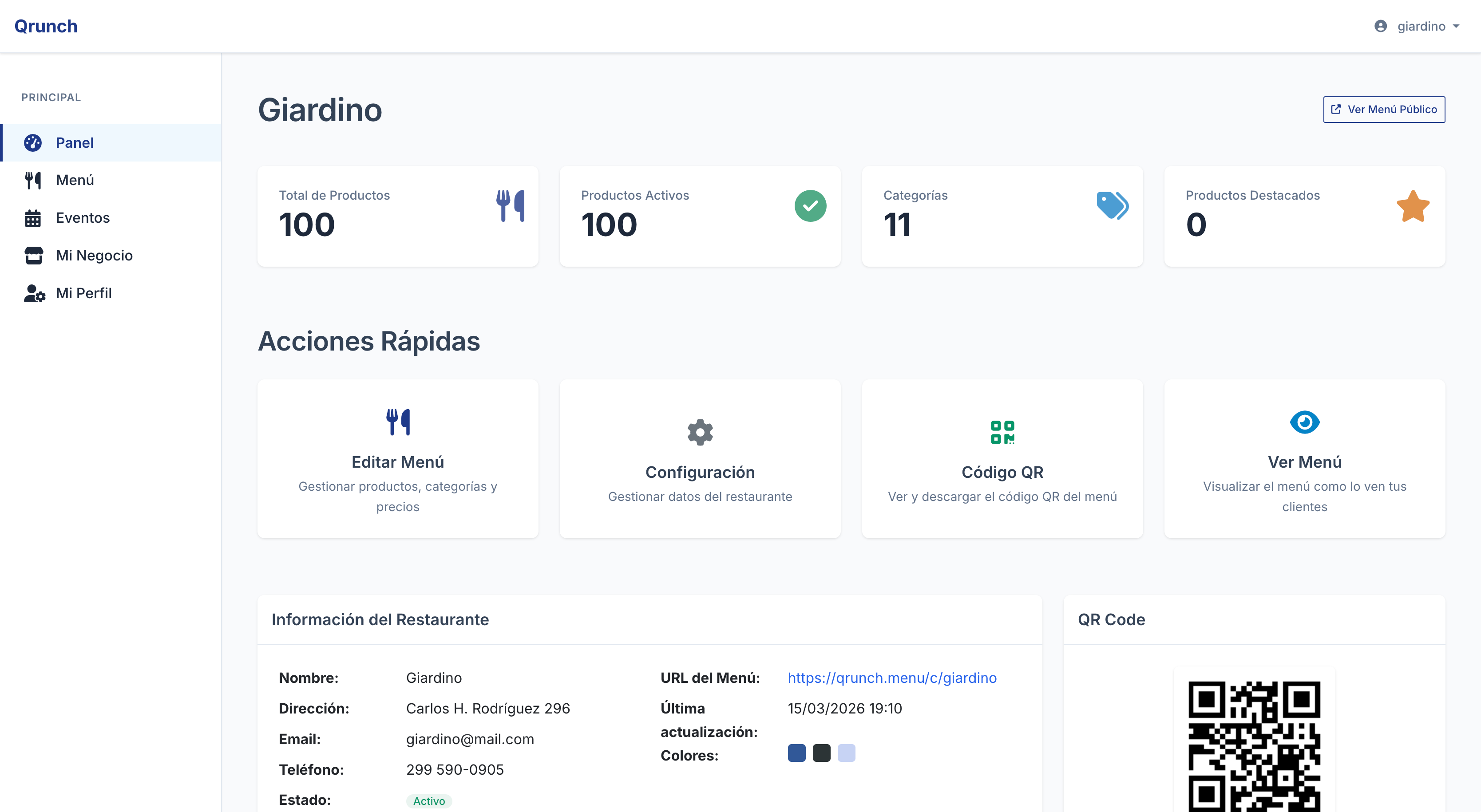 Qrunch restaurant digital menu SaaS dashboard